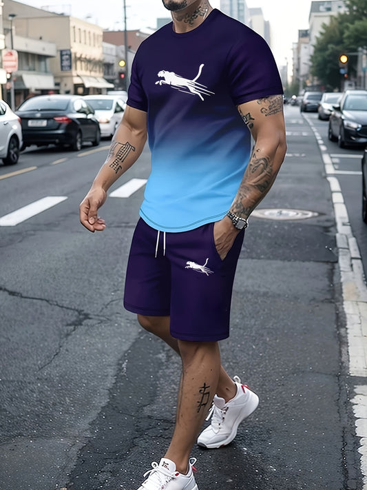 2-piece Men's Gradient Summer Outfit Set, Men's Short Sleeve Crew Neck T-shirt & Elastic Waist Shorts With Pockets