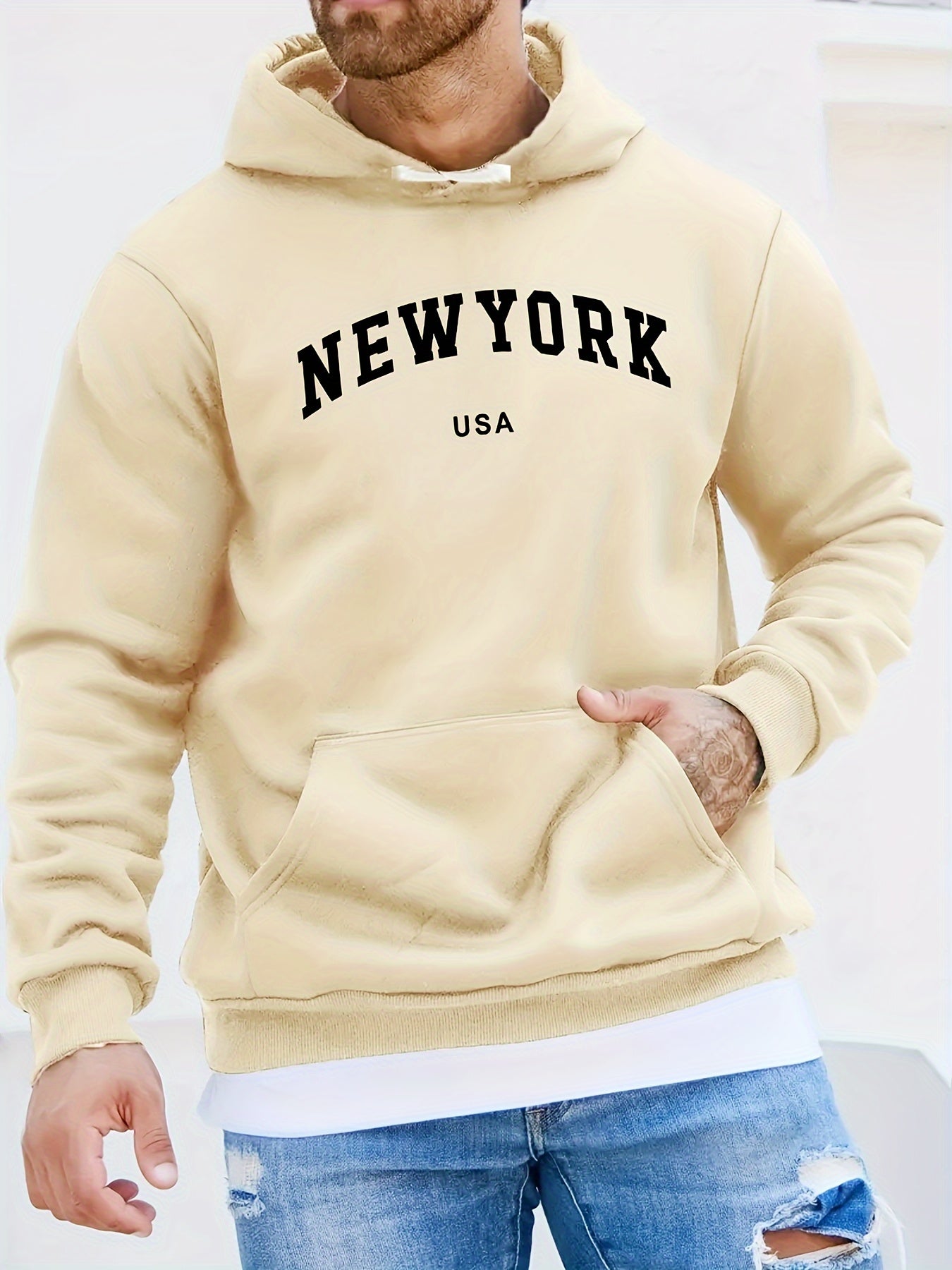 New York Print Kangaroo Pocket Hoodie, Casual Long Sleeve Hoodies Pullover Sweatshirt, Men's Clothing, For Fall Winter