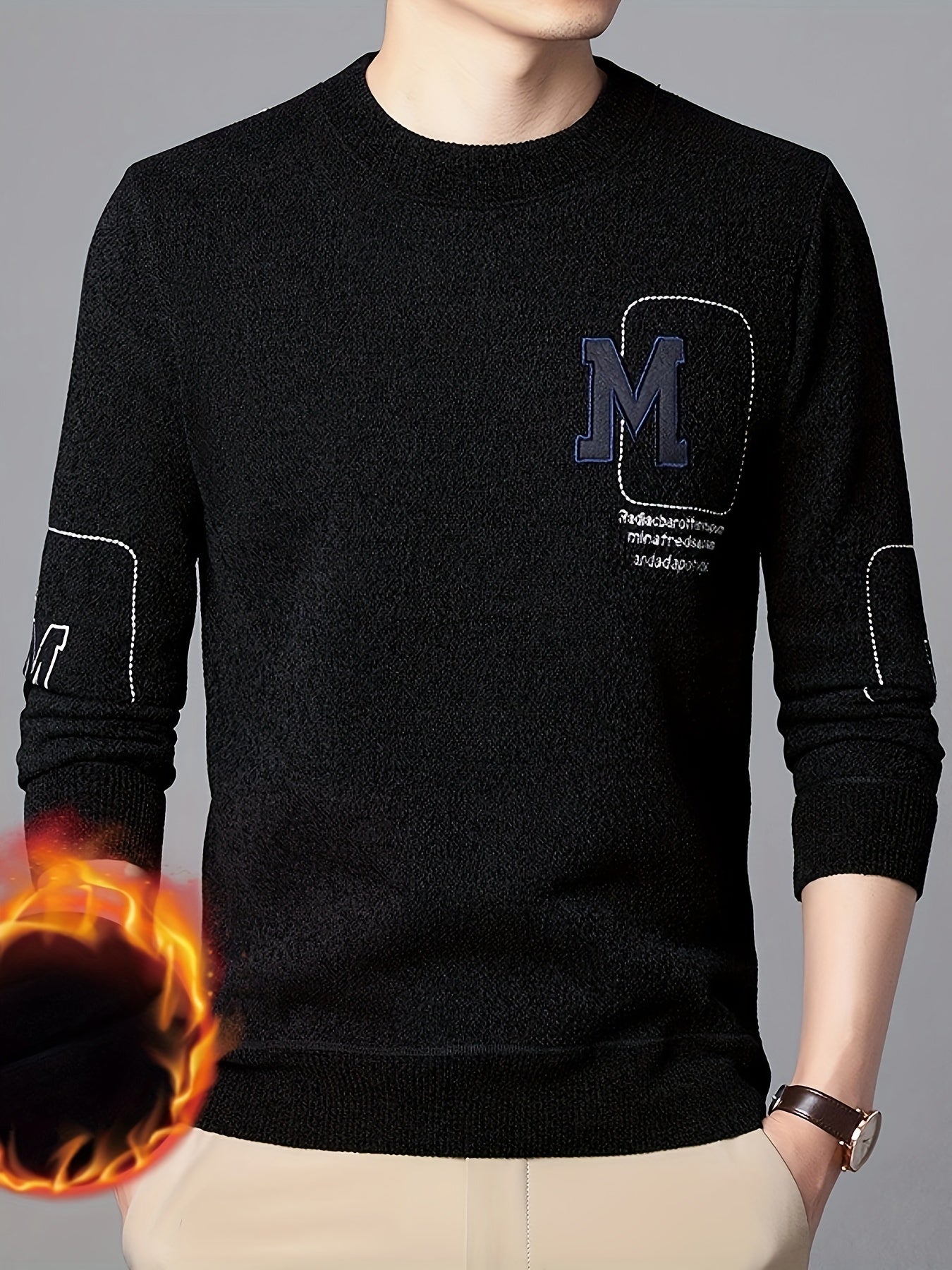 Men's Winter Thickened Sweater with M Letter Pattern, Round Neck, Long Sleeve, Knitted Base Layer, Casual Style, Polyester Fabric, Regular Fit, No Belt, Winter Season, Embroidery Detail, Pullover Style, Regular Shape