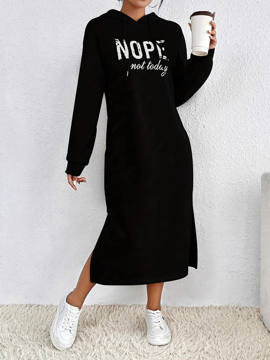 NOPE Print Drawstring Hooded Dress, Elegant Slant Pocket Long Sleeve Split Midi Dress For Fall & Winter, Women's Clothing