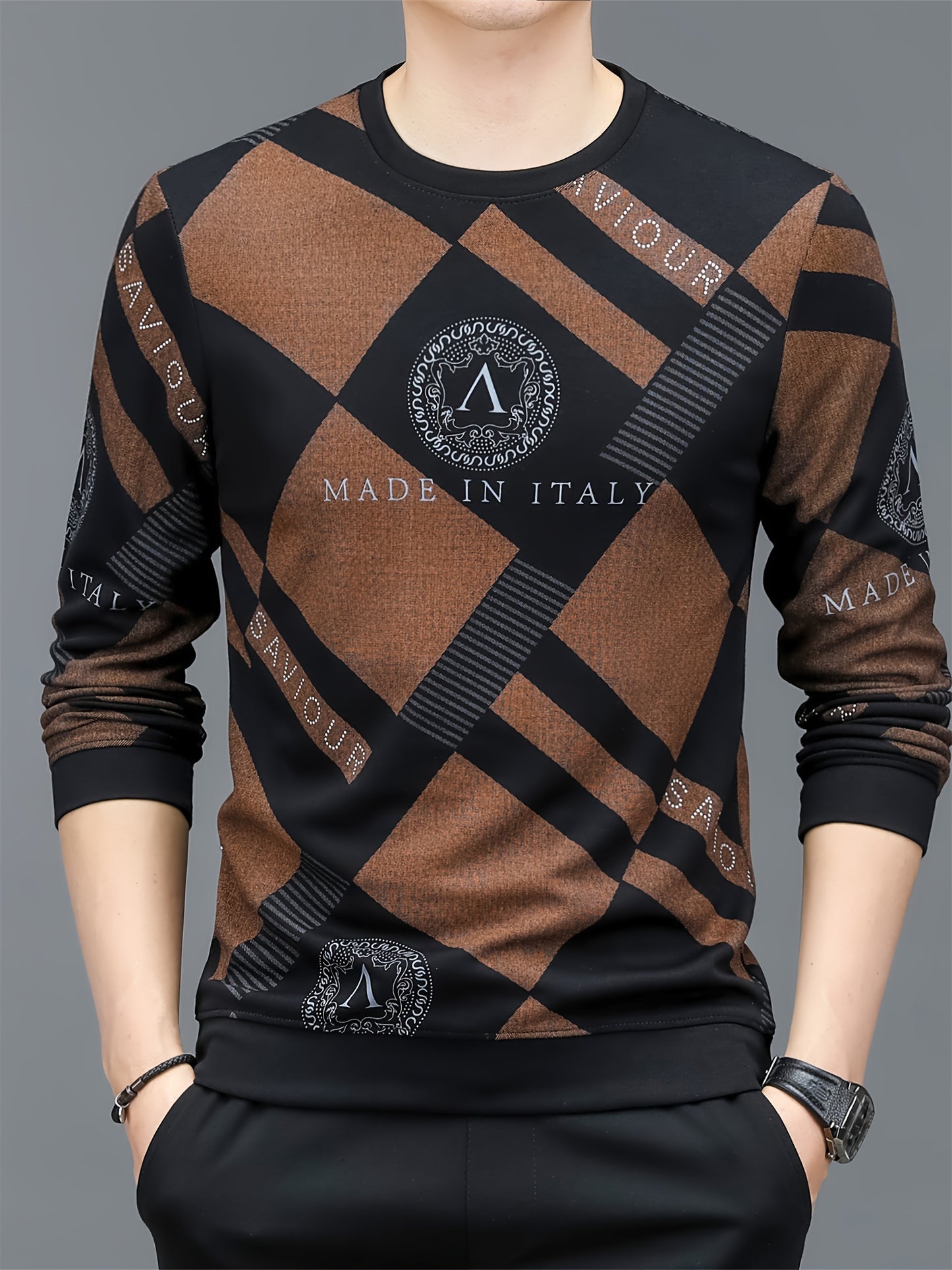 Men's Letters & Blocks Print Sweatshirt, Casual Trendy Long Sleeve Pullover As Gift