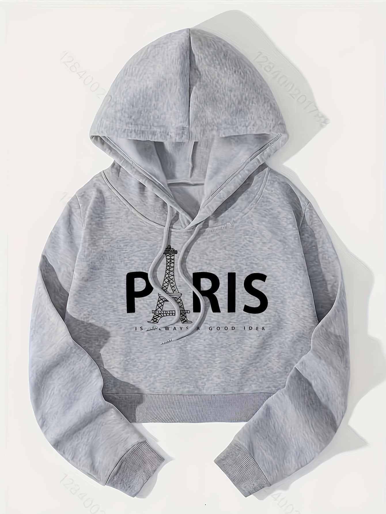 Eiffel Tower & Slogan Graphic Drop Shoulder Drawstring Thermal Lined Hoodie, Women's Long Sleeve Sports Hoodie