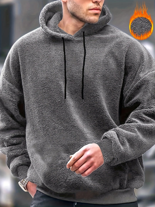 Men's Stylish Loose Fleece Solid Hoodie With Pockets, Casual Breathable Long Sleeve Hooded Sweatshirt For City Walk Street Hanging Outdoor Activities