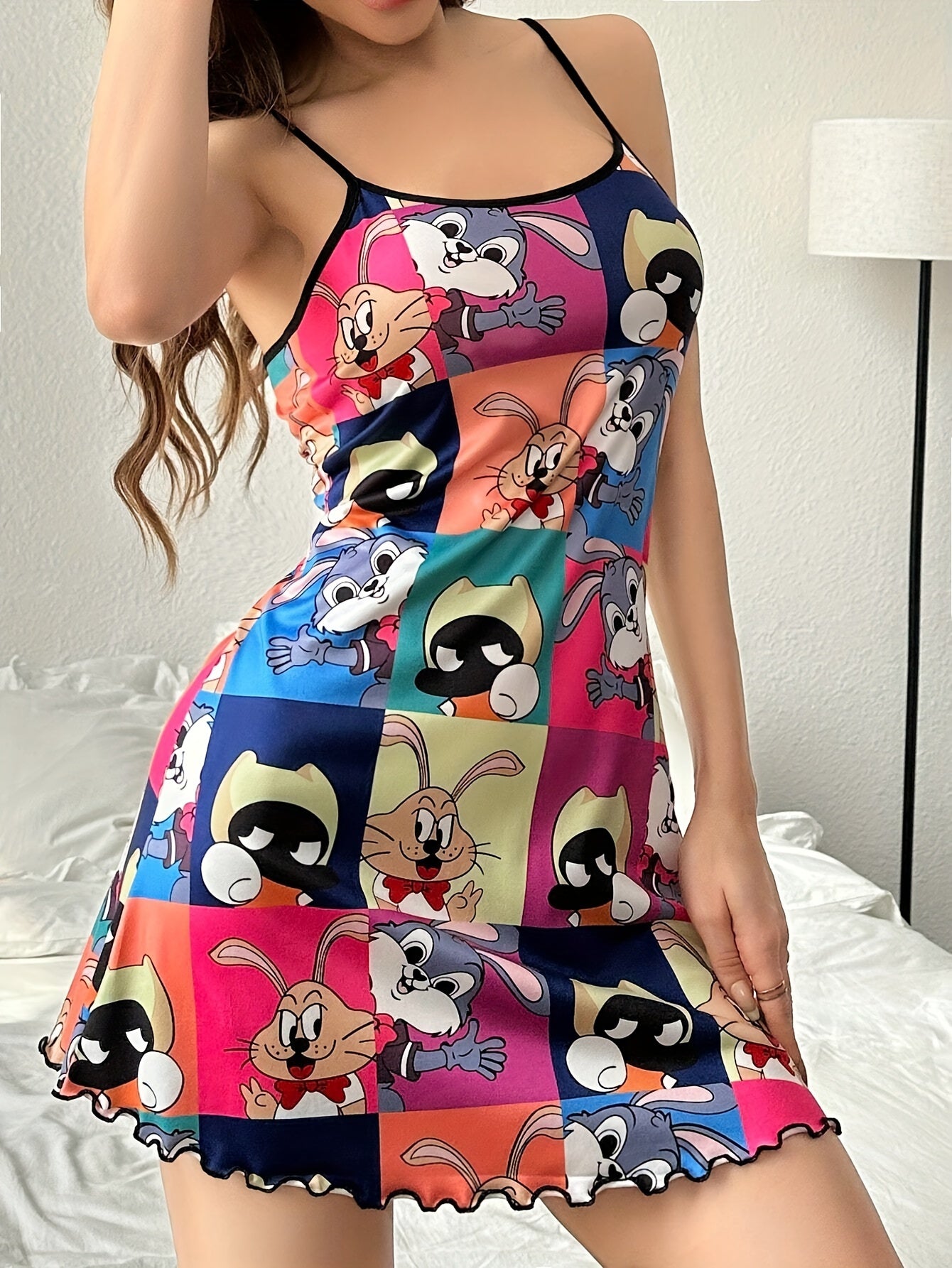 Cute Cartoon Print Nightgown, Round Neck Backless Frill Trim Slip Dress, Women's Sleepwear