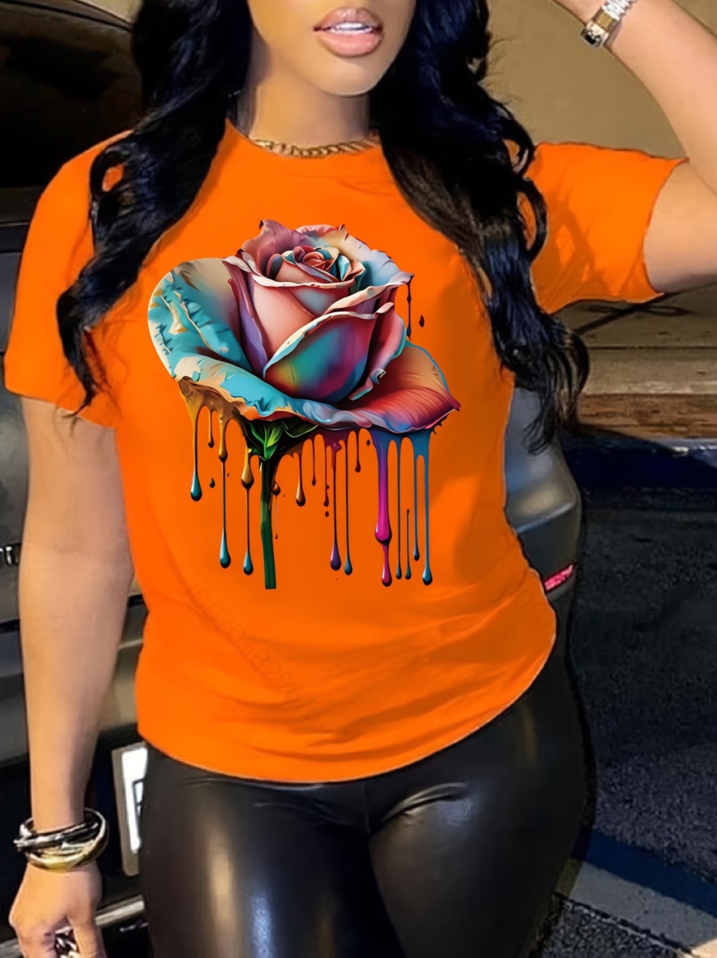 Rose Print Crew Neck T-shirt, Casual Short Sleeve Tee For Spring & Summer, Women's Clothing