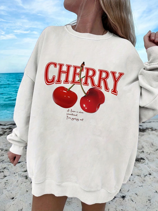 Elegant Plus Size Crew Neck Cherry Print Sweatshirt - 100% Polyester Knit Fabric, Long Sleeve, Regular Length, Medium Stretch, Fall/Winter Collection Pullover