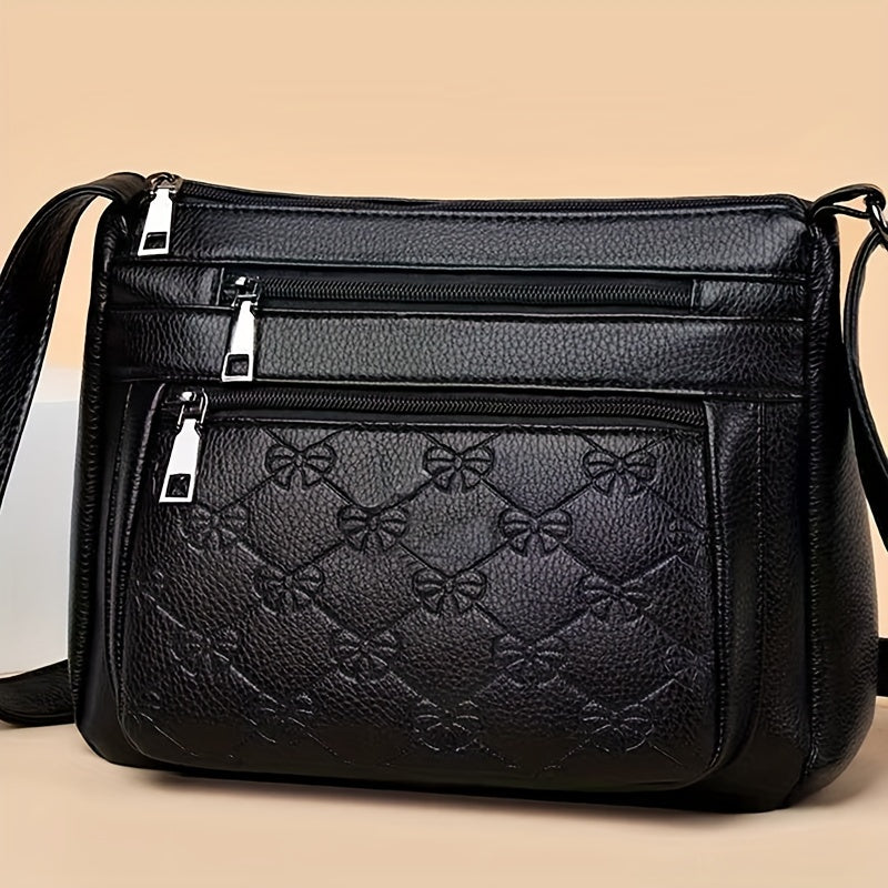 Elegant Black PU Shoulder Bag with Quilted Design and Zipper Closure