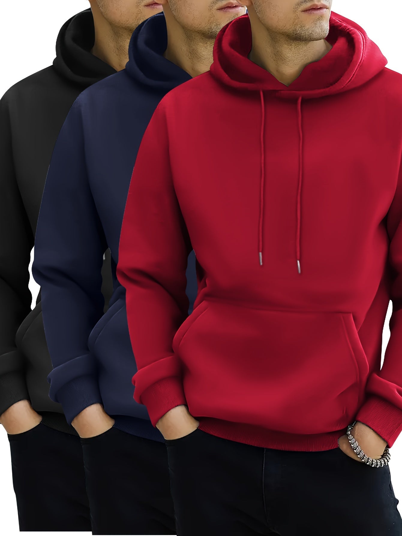 3pcs Men's Hoodies - Solid Color, Drawstring & Kangaroo Pocket | Casual Sportswear for Spring/Fall