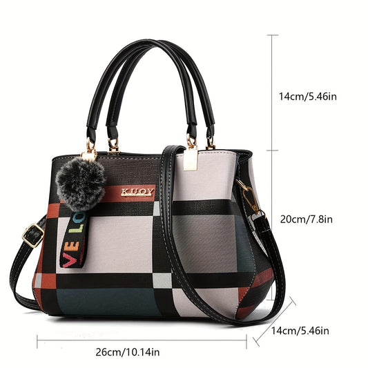 Elegant Grid Patterned Shoulder Bag With Magnetic Closure, Multiple Compartments, Perfect For Formal Occasions, Work, Or School