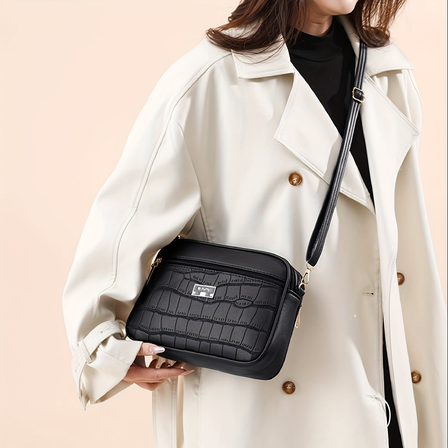 Classic Crocodile Pattern Shoulder Bag, Minimalist Small Solid Color Crossbody Bag For Women, Middle Aged Style Handbag