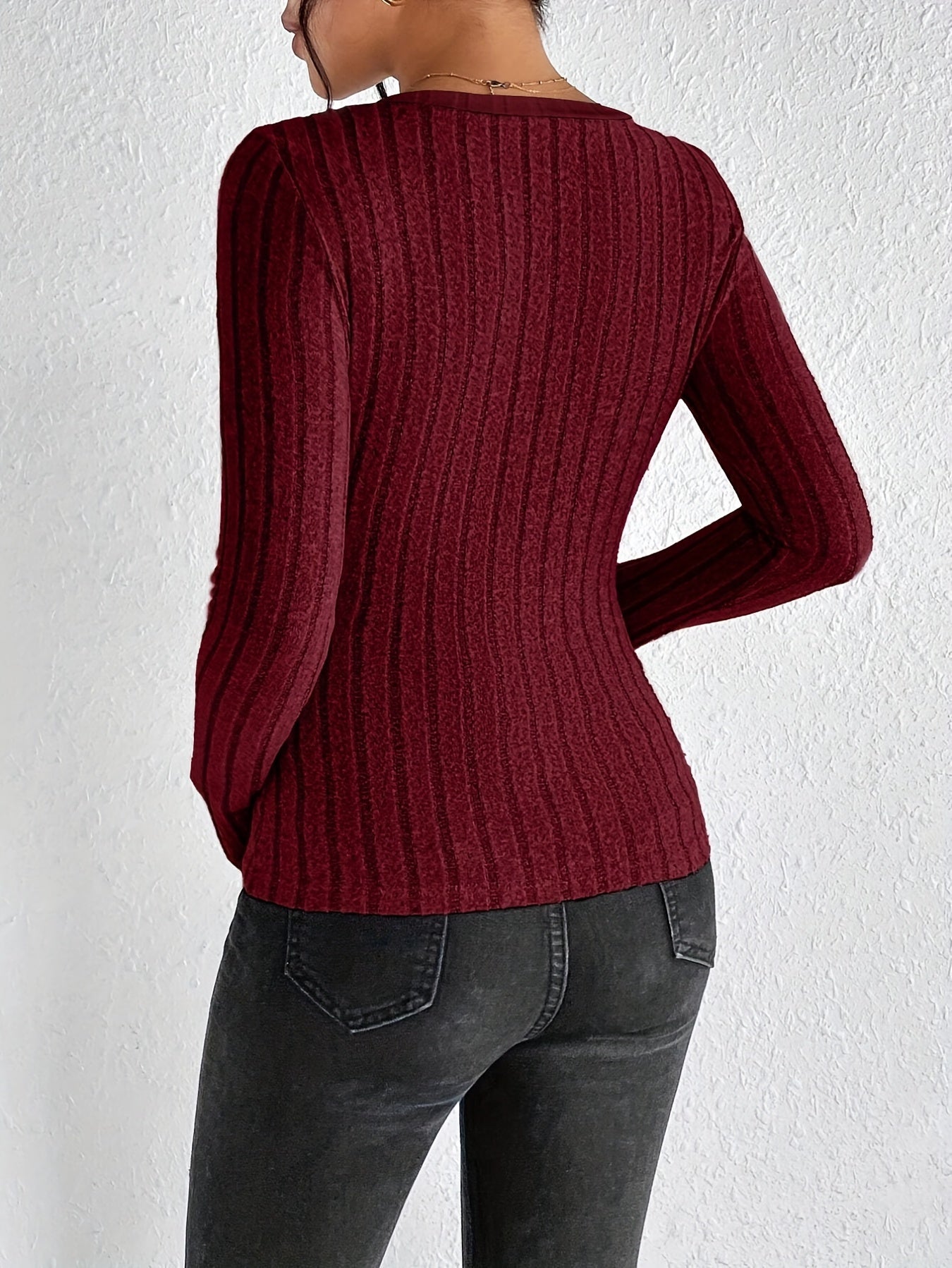 V Neck Slim Ribbed T-Shirt, Elegant Solid Long Sleeve Top For Spring & Fall, Women's Clothing
