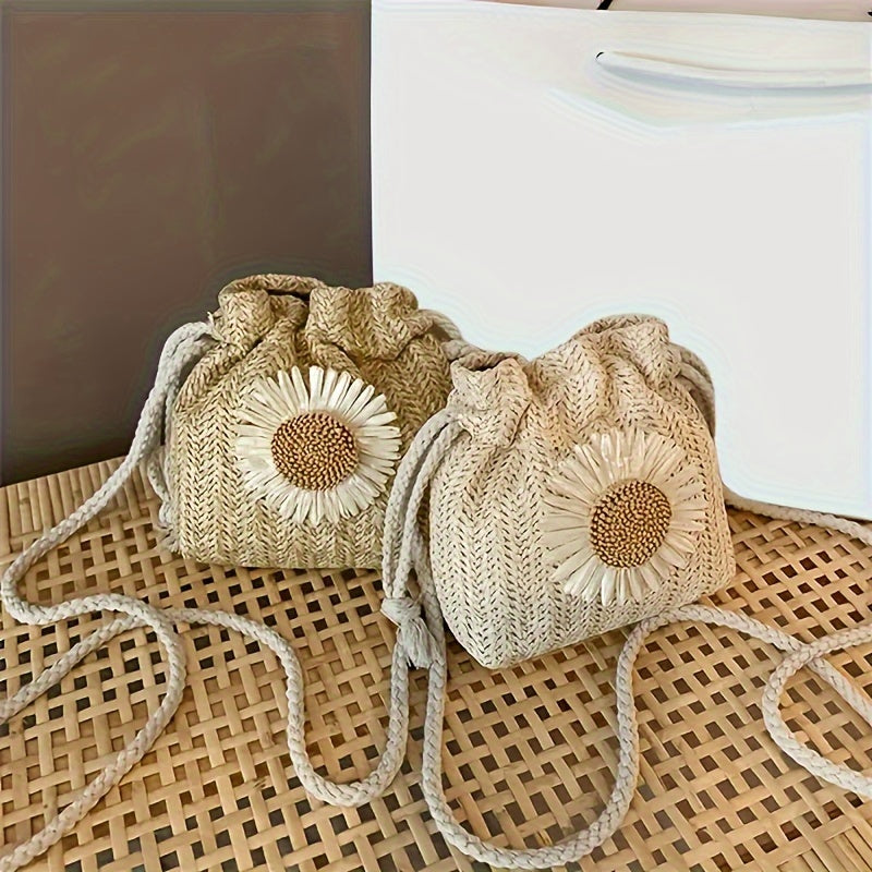 Chic Mini Woven Shoulder Bag with Floral Accent - Versatile & Stylish, Perfect for Everyday Use - Khaki/White