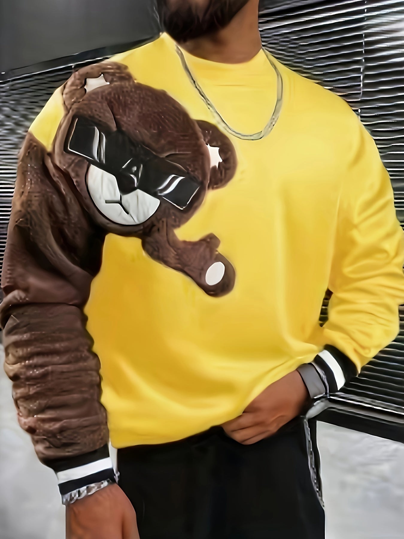 1pc Men'S Casual Cartoon Bear Embroidery Sweatshirt, Polyester Knit Pullover with Round Neck and Regular Fit