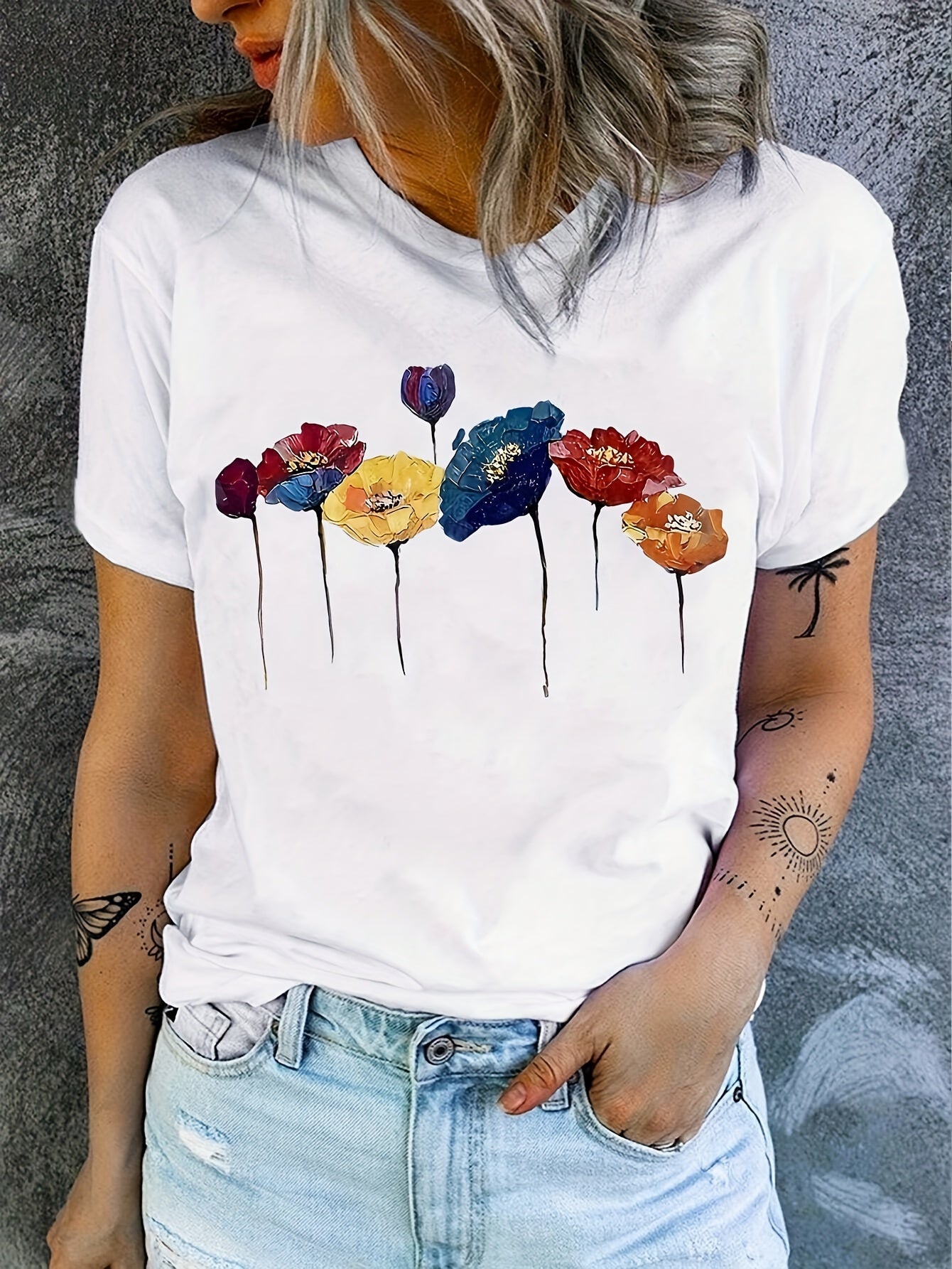 Floral Print Crew Neck T-Shirt, Casual Short Sleeve T-Shirt For Spring & Summer, Women's Clothing