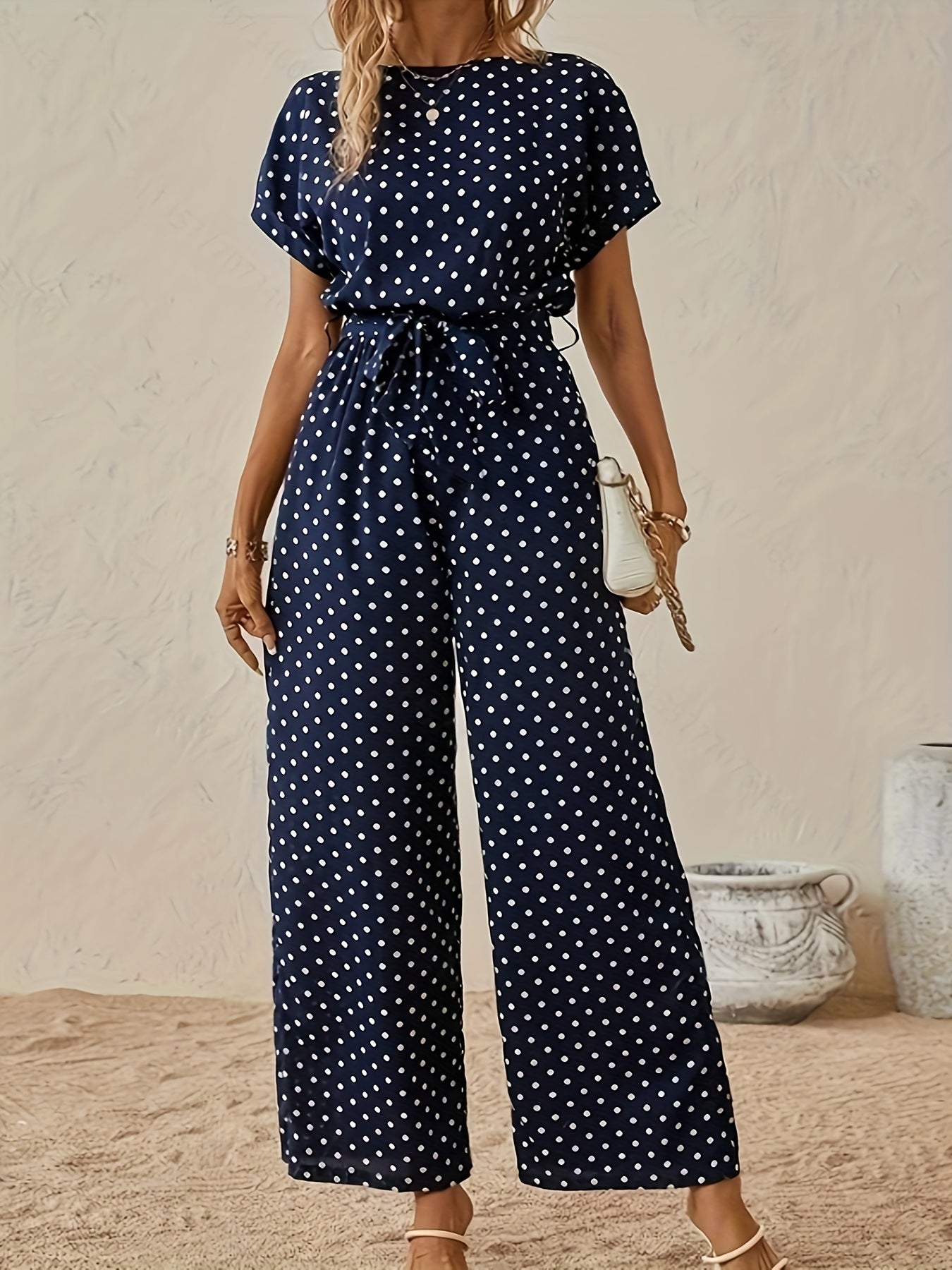 Polka Dot Print Crew Neck Jumpsuit, Elegant Short Sleeve Jumpsuit For Spring & Summer, Women's Clothing