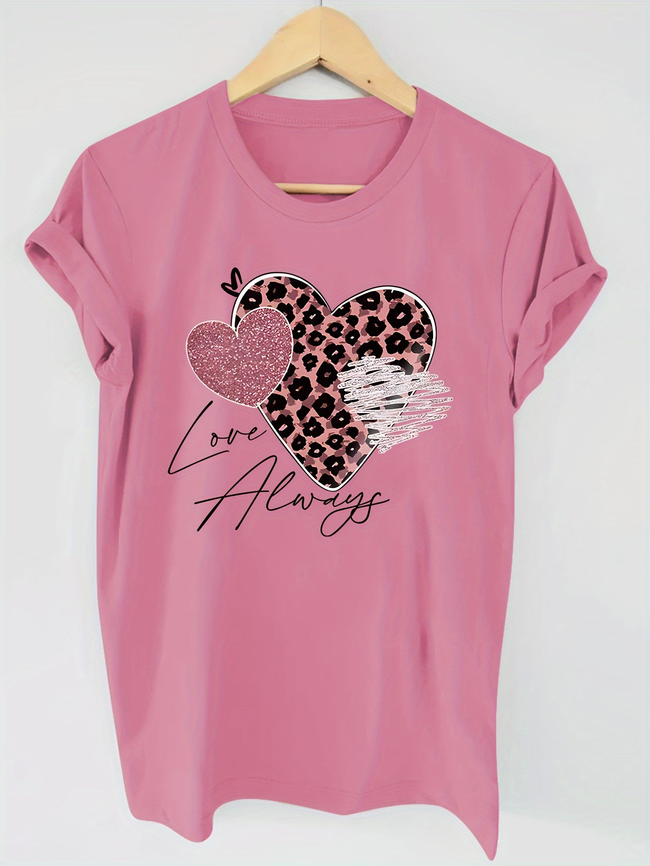 Heart Print T-shirt, Short Sleeve Crew Neck Casual Top For Summer & Spring, Women's Clothing