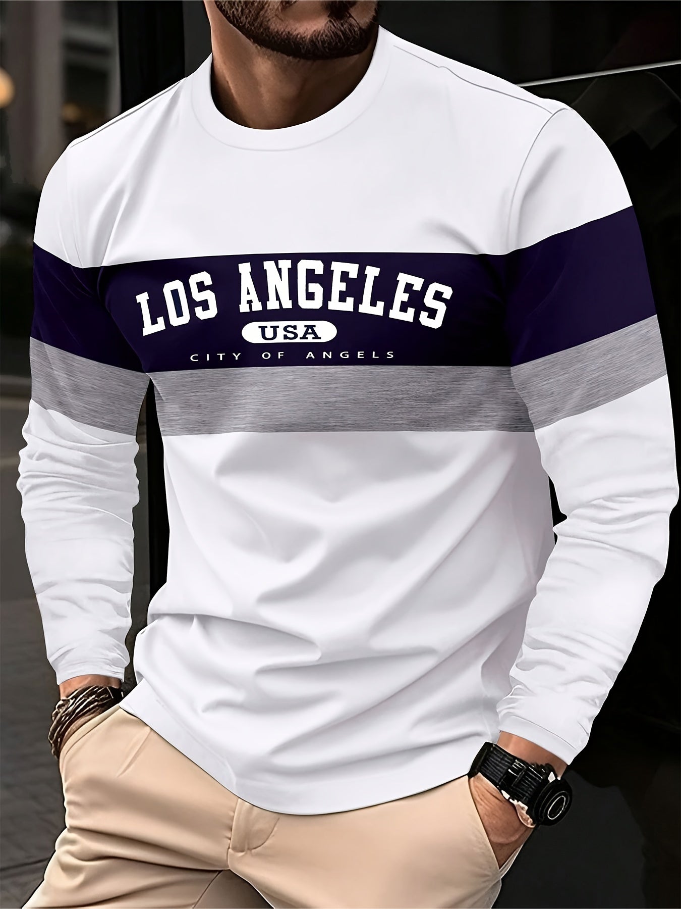 Men's LOS ANGELES Print Tee, Long Sleeve, Relaxed Fit, Perfect For Spring And Fall