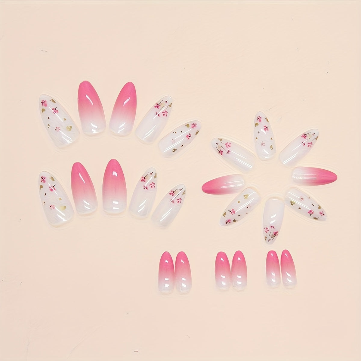 24-Piece Gradient Pink Almond-Shaped Press-On Nails with Floral Design and Jelly Adhesive - Medium Length Glossy Finish Artificial Nail Set with Nail File for Women and Girls - Romantic Spring Style