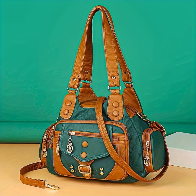 Vintage-Style Tote Bag With Adjustable Shoulder Strap And Polyester Lining, Zipper Closure Shoulder Bag