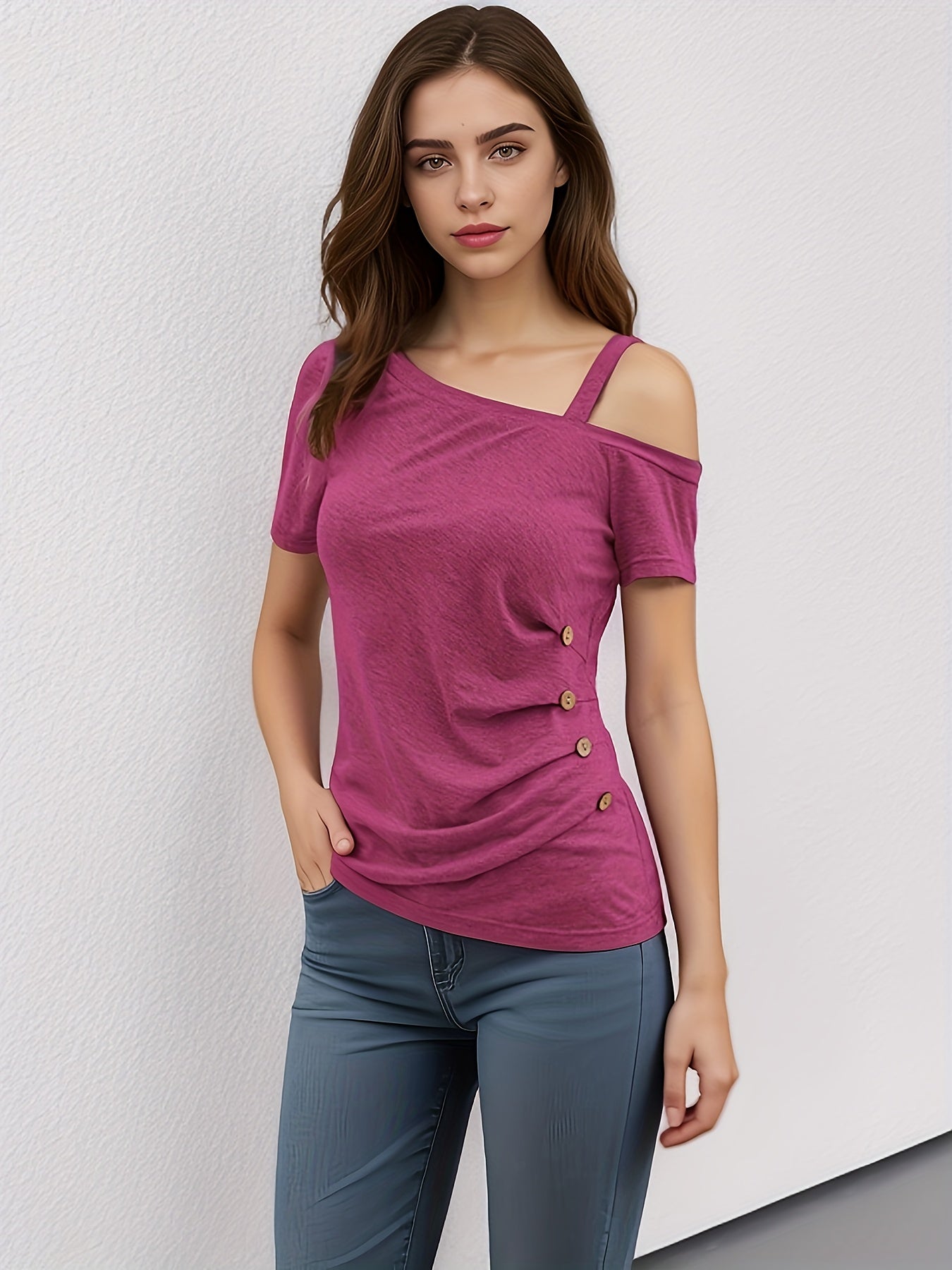 Cold Shoulder Asymmetrical Neck T-shirt, Sexy Button Decor Side Ruched Short Sleeve Casual Top For Summer & Spring, Women's Clothing