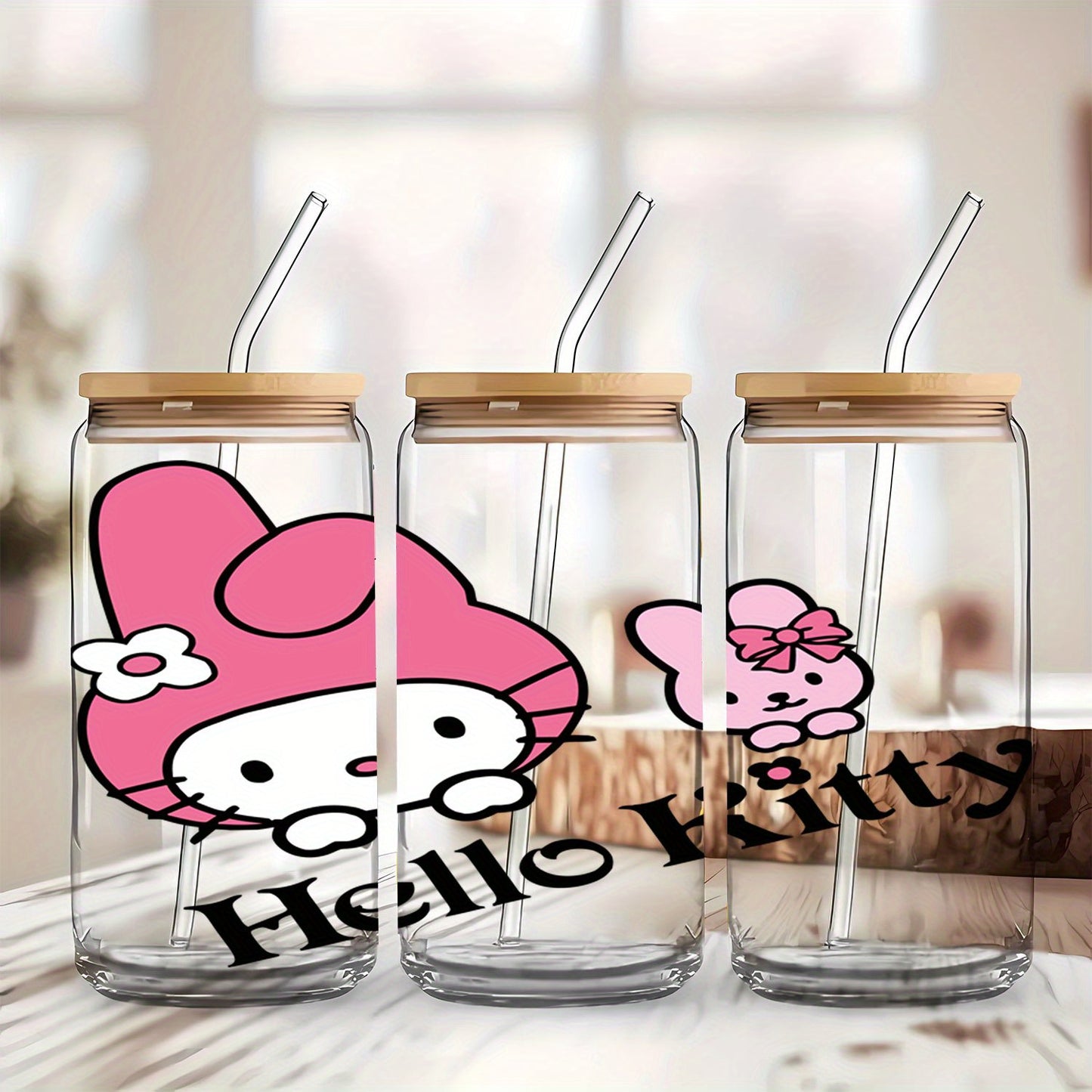 Sanrio My Melody 16oz Glass Tumbler with Bamboo Lid & Straw - Perfect for Iced Coffee, Soda, Boba Tea & Cocktails!