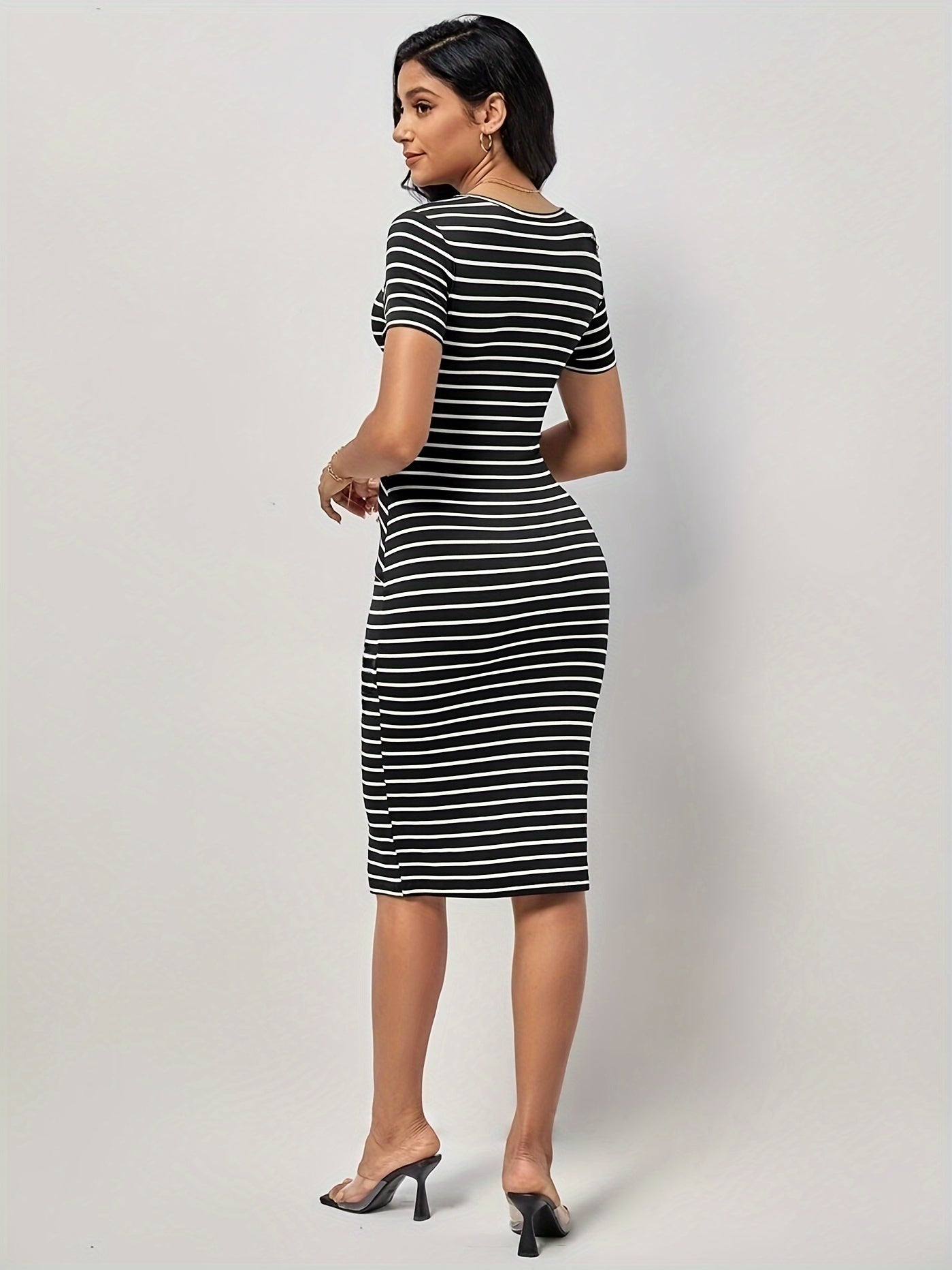 Striped Bodycon Knee Length Dress, Short Sleeve Crew Neck Elegant Dress For Summer & Spring, Women's Clothing