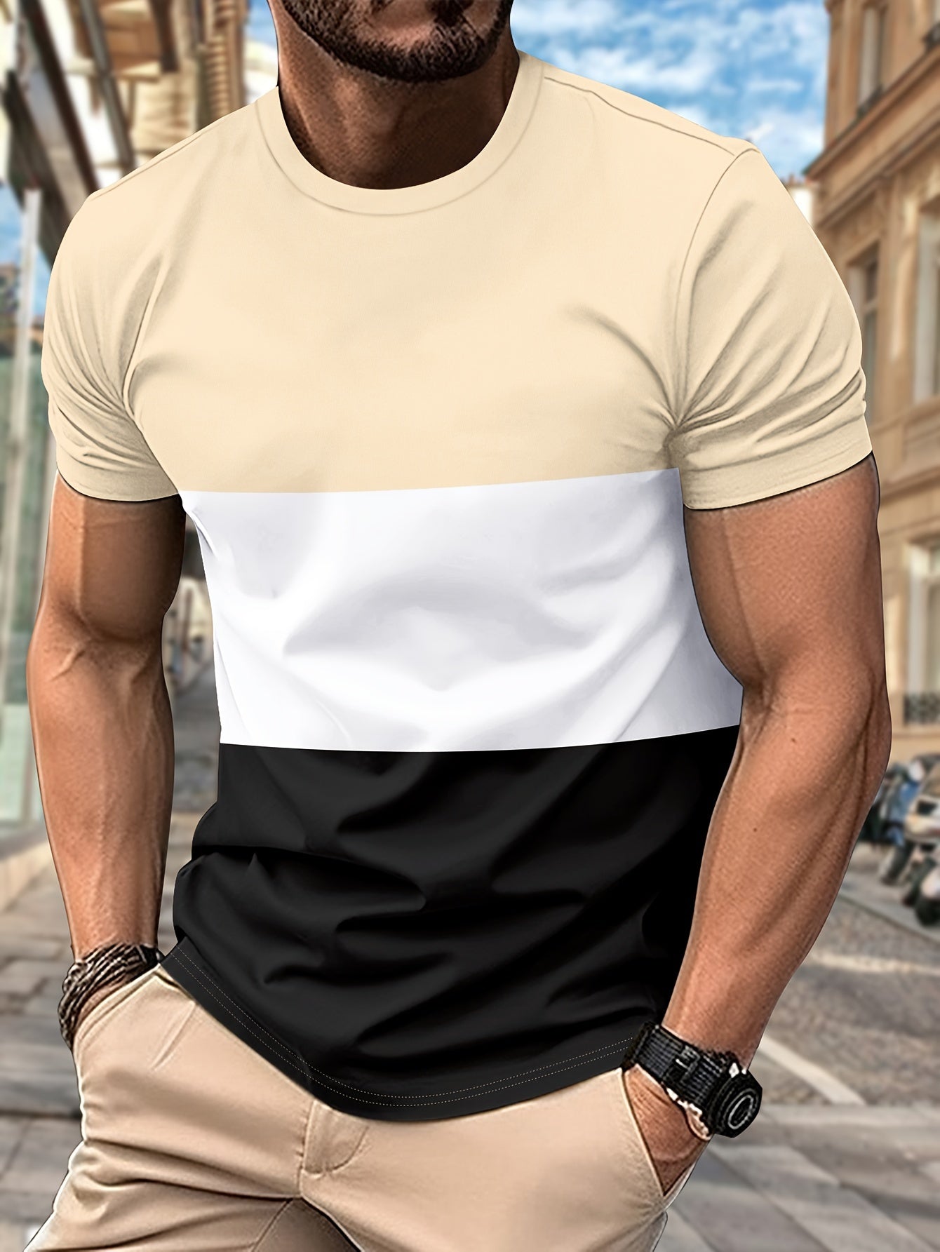 Men's Color Block Pattern Crew Neck And Short Sleeve T-shirt, Casual And Breathable Tops For Summer Outdoors Wear