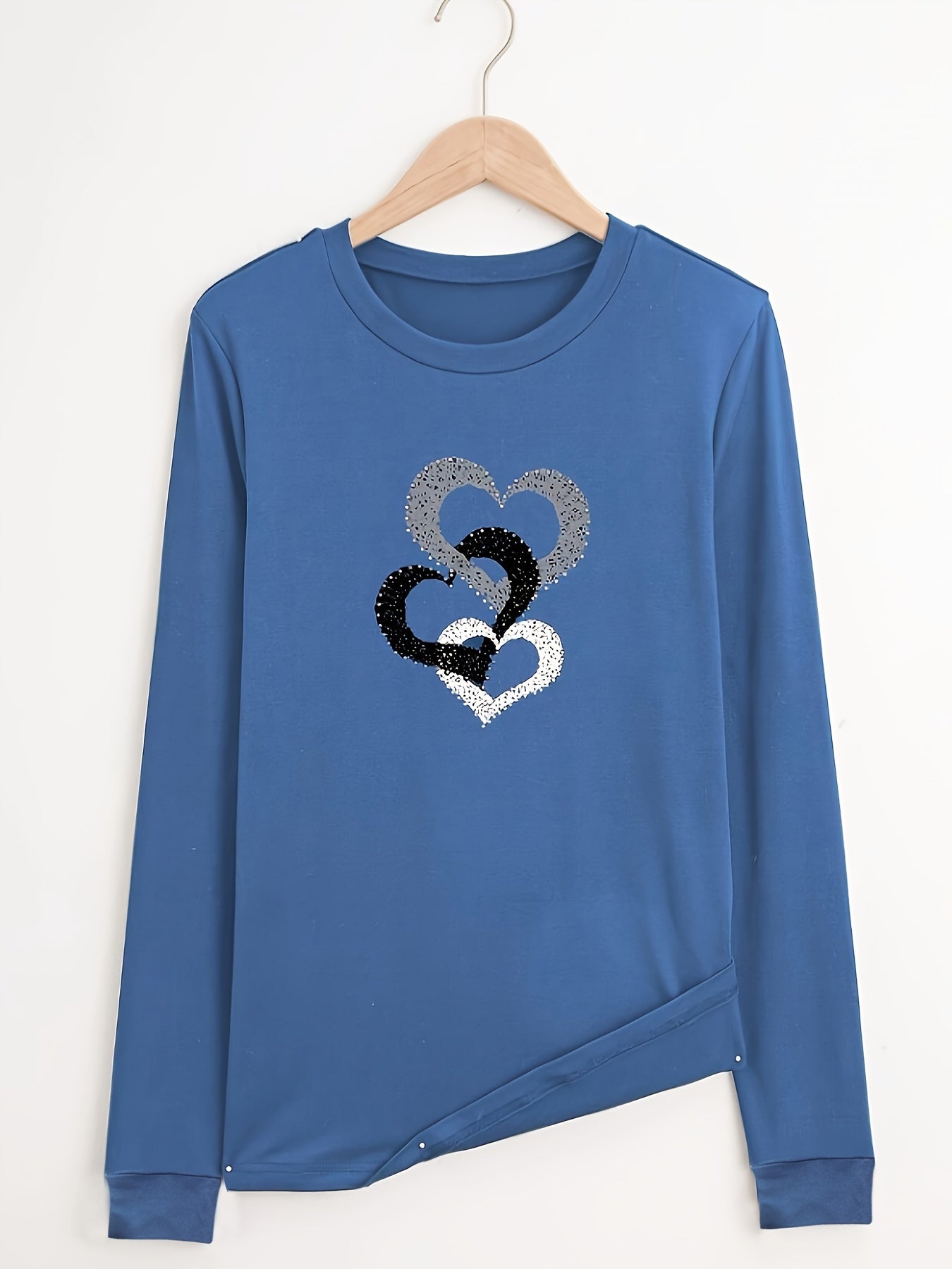 Chic Blue Heart Print T-Shirt for Women - Casual Crew Neck, Stretchy Polyester Blend, Machine Washable - Perfect for Spring/Summer/Fall