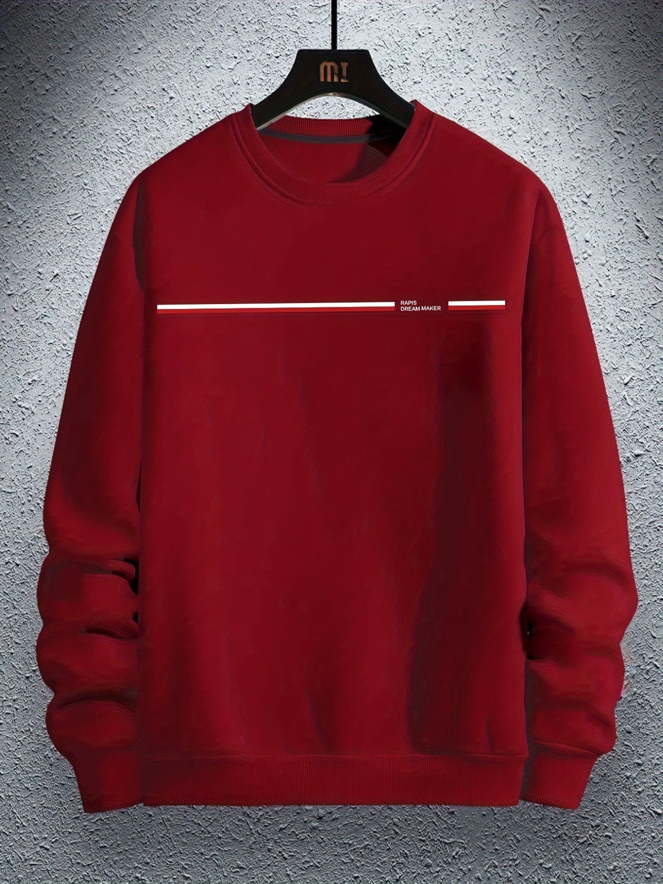 Men's Casual Crew Neck Sweatshirt with Paris Lettering - Polyester 100% Knit Fabric, Slight Stretch, Loose Fit, Solid with Horizontal Stripe Detail