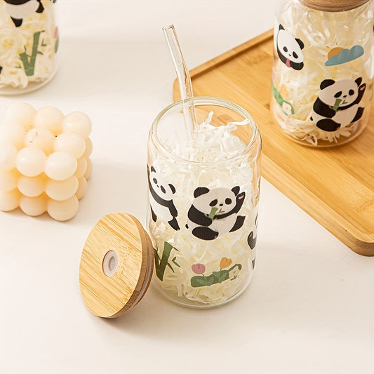 1pc EcoPanda 500ml/16.9oz Reusable Glass Tumbler with Bamboo Lid and Straw, Cute Panda Print, Ideal for Cold Beverages, Machine Washable, Perfect for Office, Reading, Dining - Glass Drinking Cup for Christmas, Halloween, Easter, Hanukkah, Thanksgiving