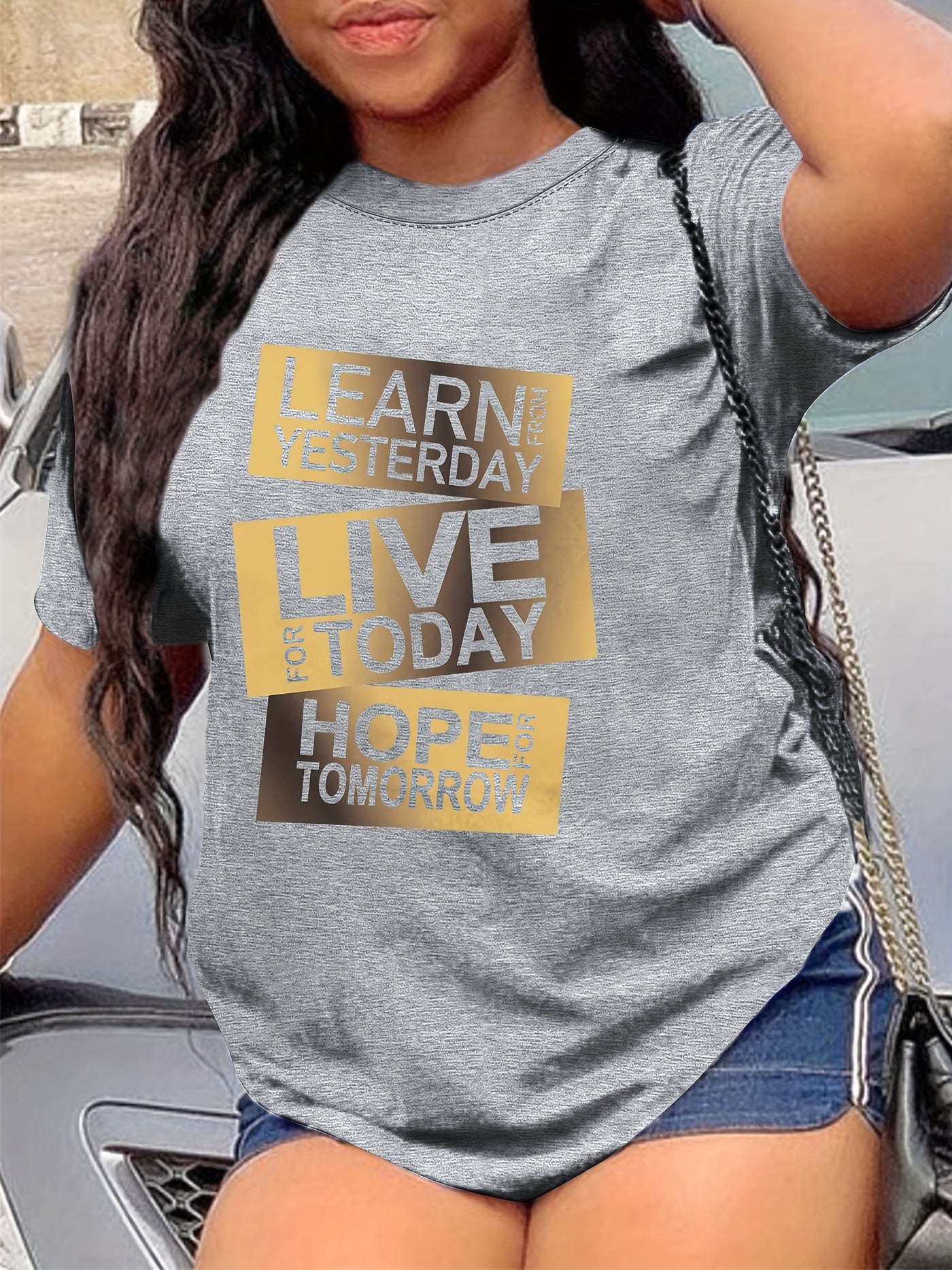 Letter Print T-shirt, Short Sleeve Crew Neck Casual Top For Summer & Spring, Women's Clothing