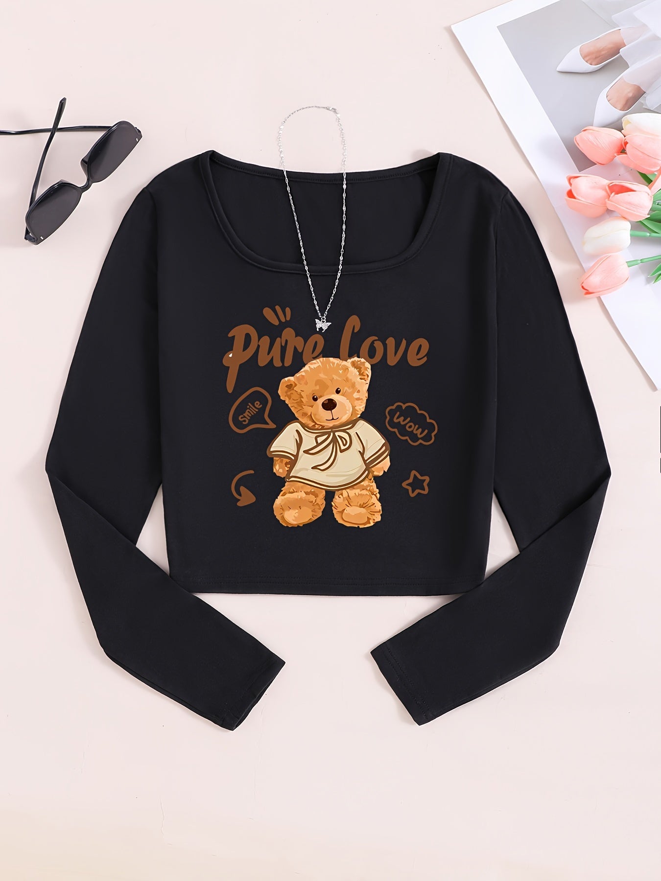 Women'S Short Sleeve T-Shirt with Cute Cartoon Bear Pattern, Casual Polyester Knit Fabric, Spring/Fall Fashion Top with Round Neckline