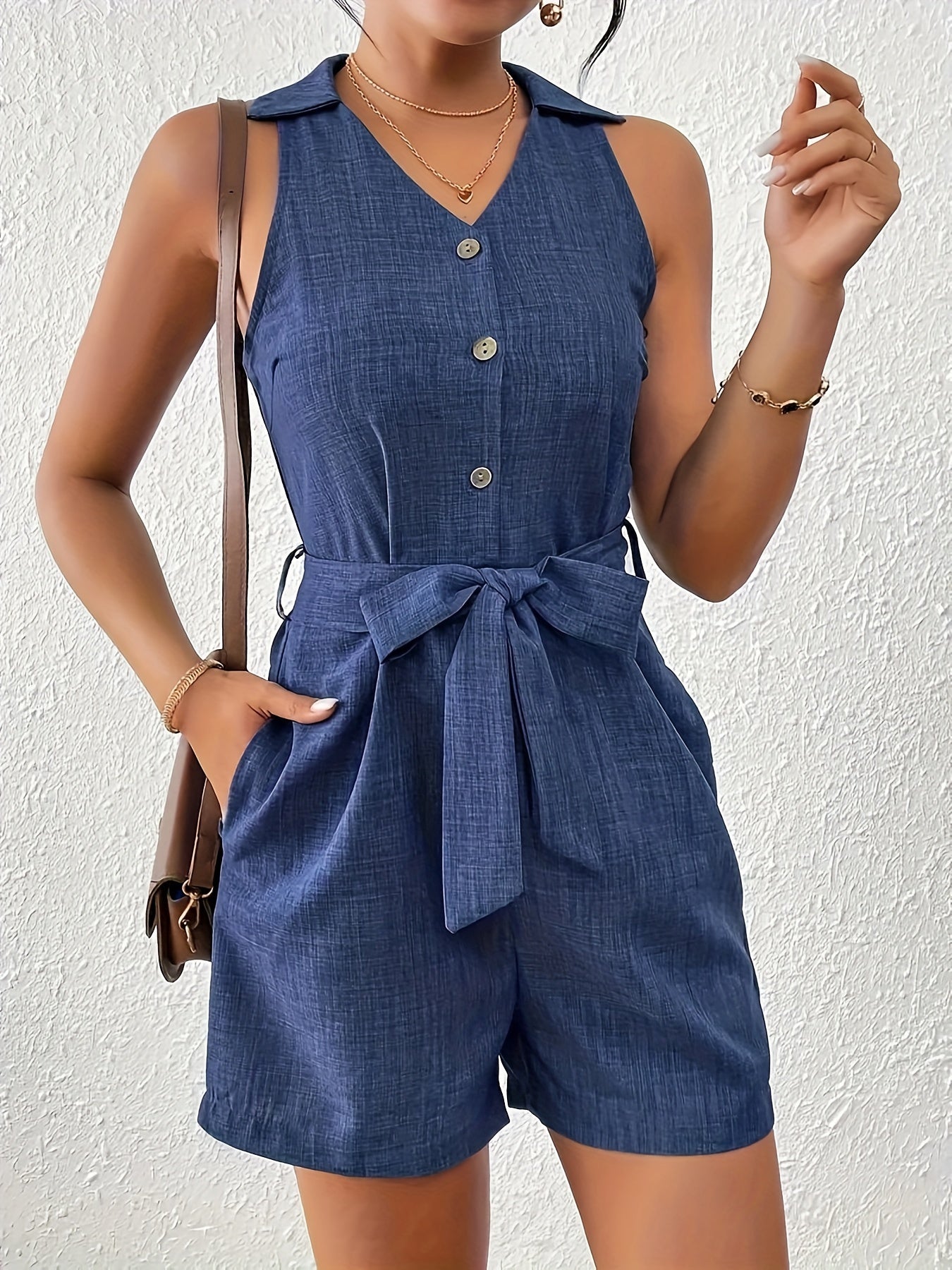 Button Front Belted With Pocket Jumpsuit, Elegant V Neck Sleeveless Jumpsuit For Spring & Summer, Women's Clothing