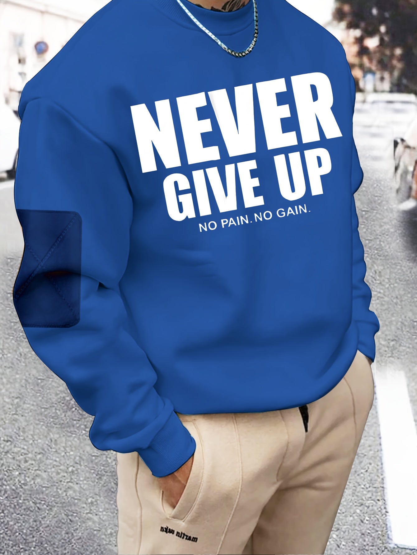 Stylish Men's Cotton Blend Sweatshirt with English Letter Print - Casual Round Neck Pullover, Machine Washable