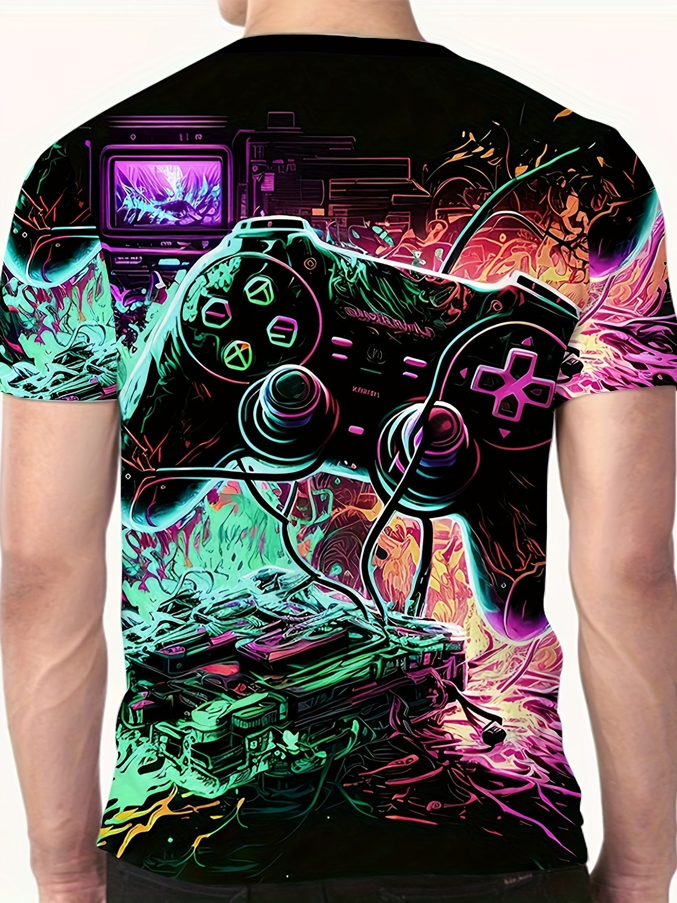 Men's Gamepad Print T-shirt, Casual Short Sleeve Crew Neck Tee, Men's Clothing For Summer Outdoor