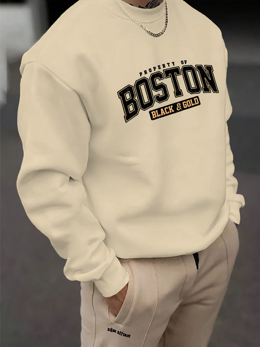 Boston Print Men's Fashionable Long Sleeve Sweatshirt - Comfortable Crew Neck, Ideal For Outdoor Sports, All-Season Style