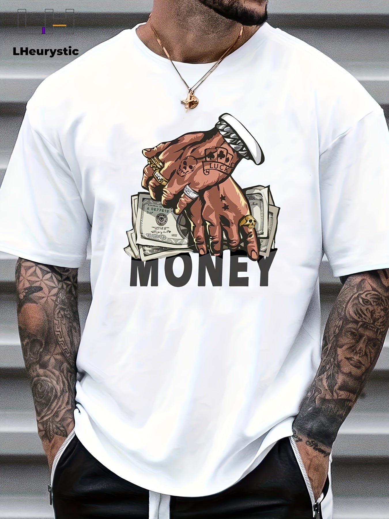 Cartoon Money & Hands Print, Men's Graphic Design Crew Neck Niche T-shirt, Casual Comfy Tees Tshirts For Summer, Men's Clothing Tops For Daily Vacation Resorts