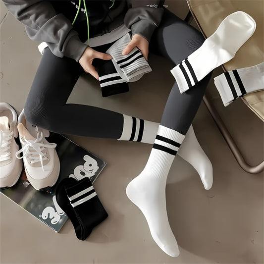 3 Pairs Breathable Striped Mid-Tube Athletic Crew Socks, 17cm Foot Length, Soft Sweat-Absorbent Casual Socks For Sports & Daily Wear