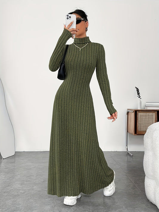 Solid Color Turtle Neck Ribbed Dress, Elegant Long Sleeve Flared Maxi Dress For Spring & Fall, Women's Clothing