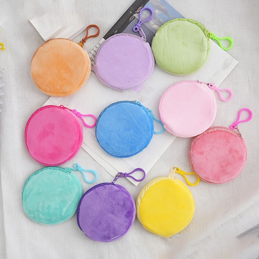 Mini Colorful Faux Fur Round Coin Purse With Key Ring, Small Zipper Pouch For Women, Simple Zipper Wallet