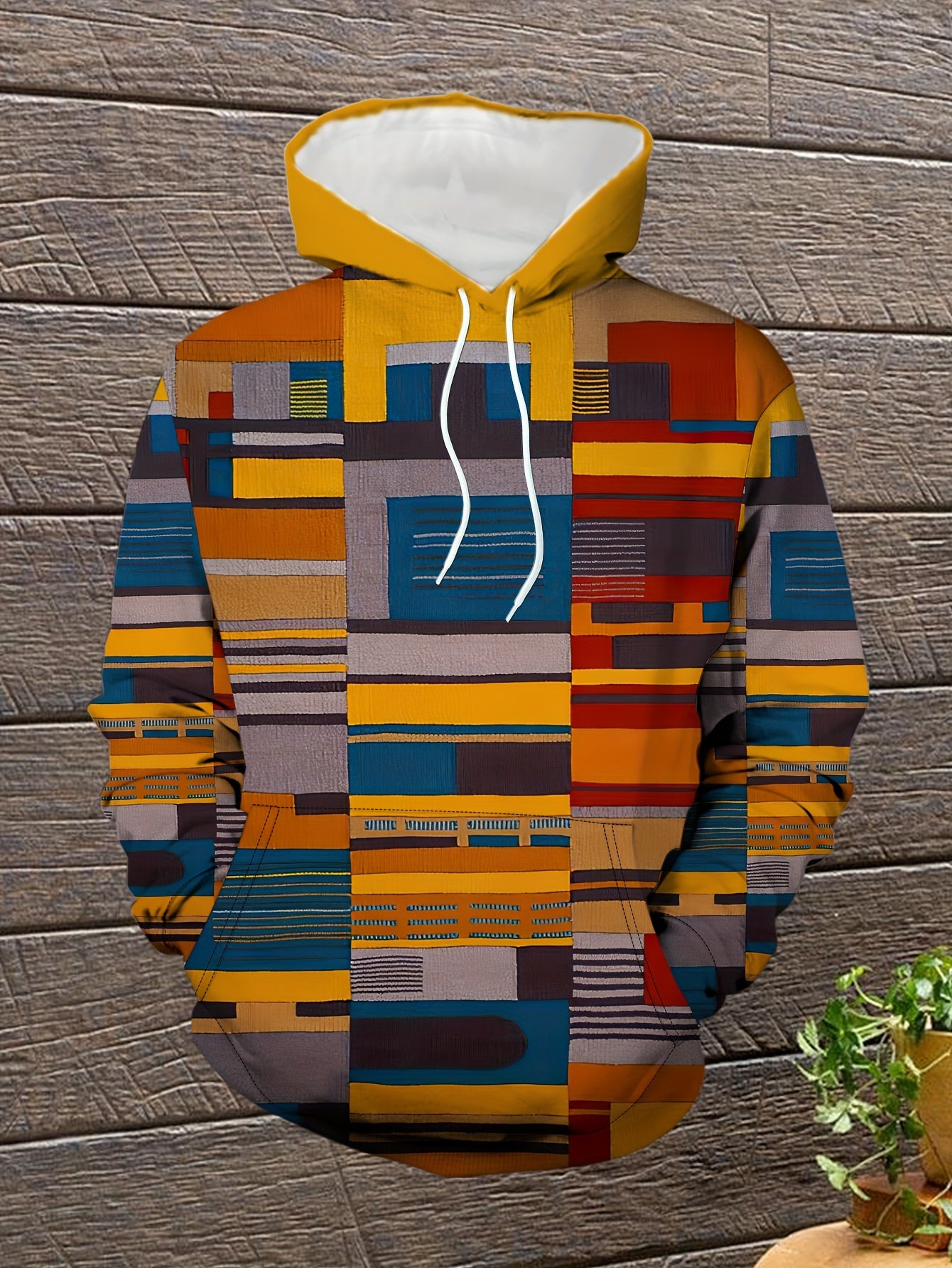 Color Block Geometric Print Men's Loose Hoodie With Drawstring And Kangaroo Pocket, Hooded Sweatshirt For Spring/Autumn