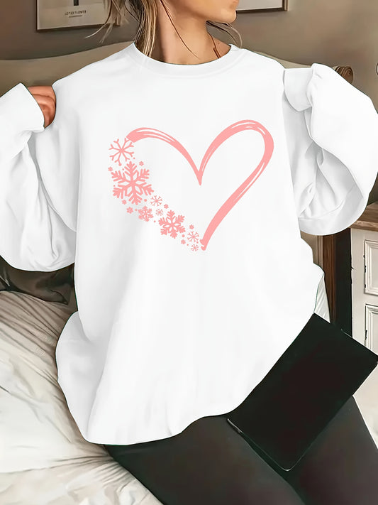 Women's Casual Heart & Snowflake Print Sweatshirt - Cozy Polyester, Long Sleeve, Crew Neck Pullover for All Seasons