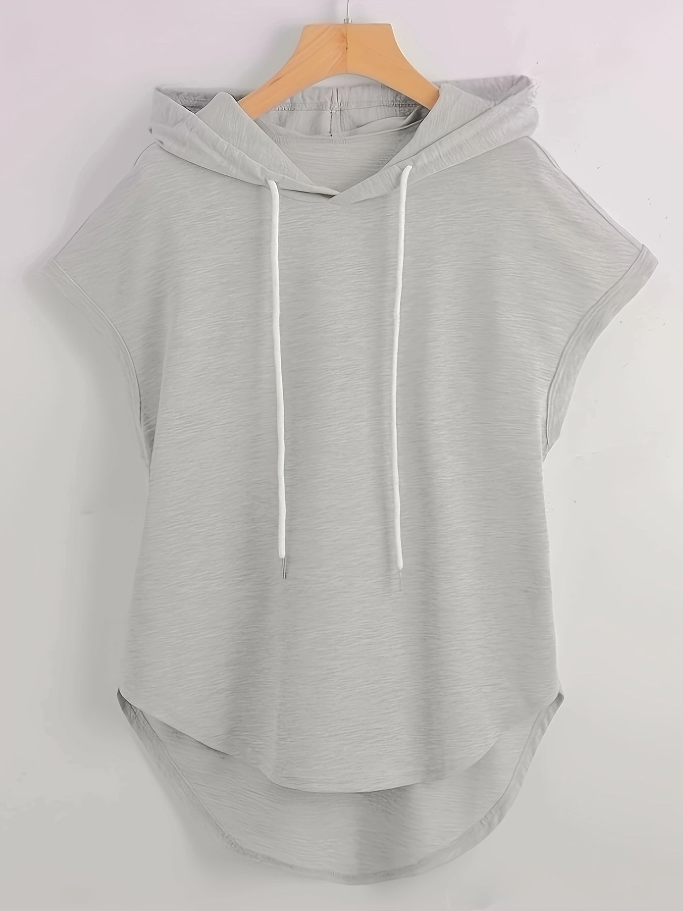 Cap Sleeve Drawstring Hoodie, Casual Solid Color Curved Hem Hoodie Sweatshirt, Women's Clothing