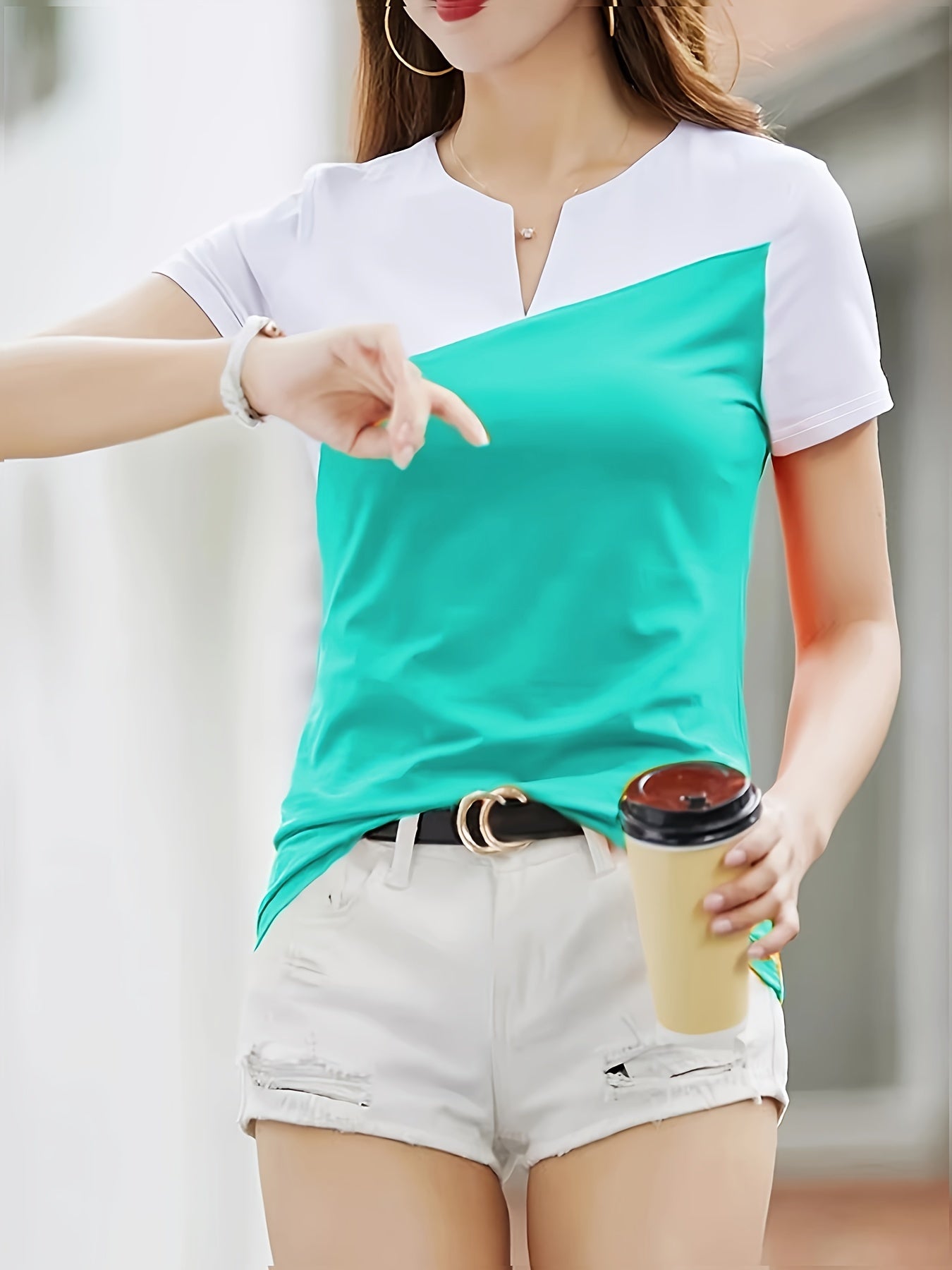 Color Block Notched Neck T-Shirt, Chic Short Sleeve T-Shirt For Spring & Summer, Women's Clothing