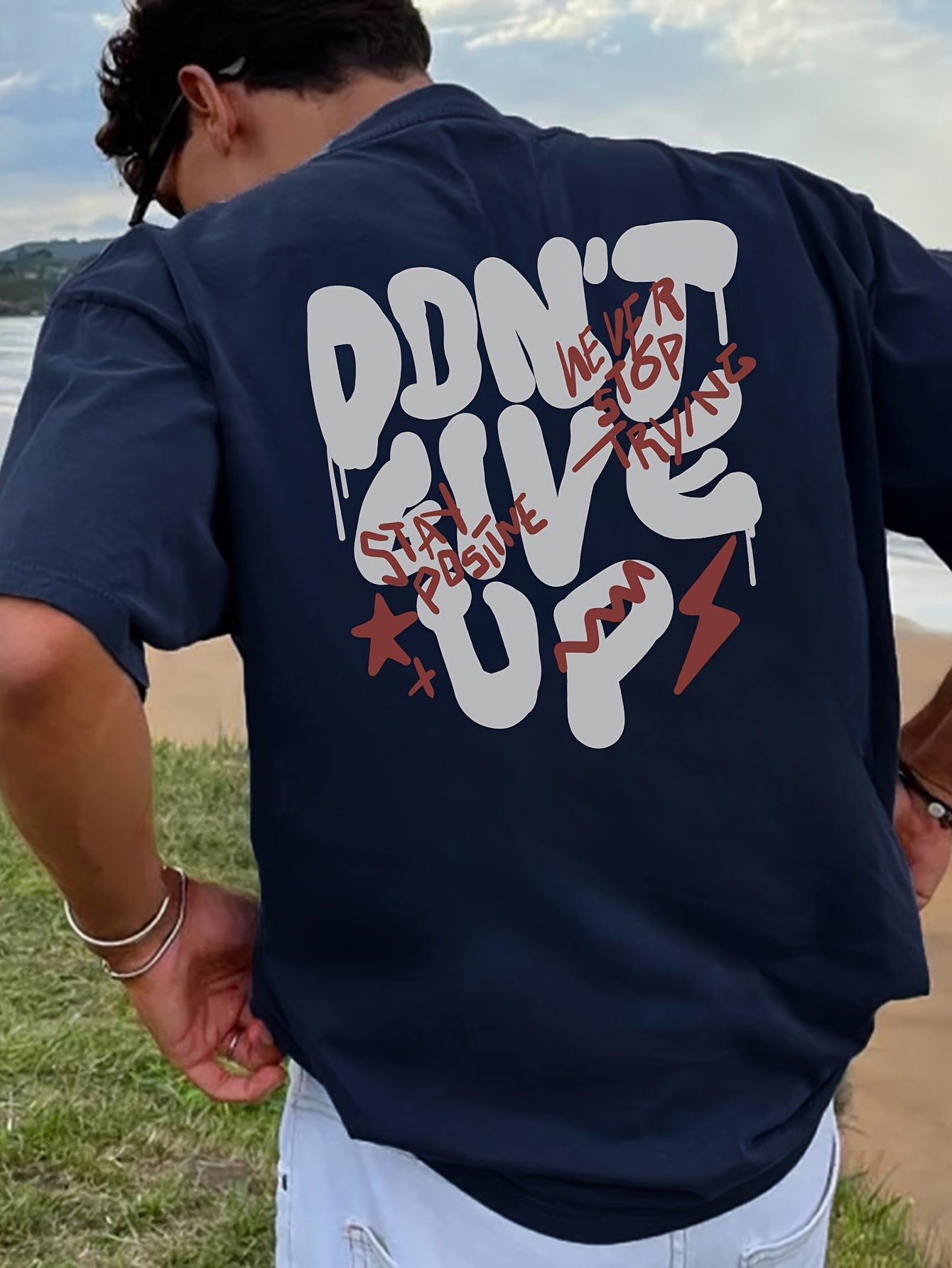 Men's Don'T Give Up Graphic Print T-shirt, Casual Short Sleeve Crew Neck Tee, Men's Clothing For Summer Outdoor