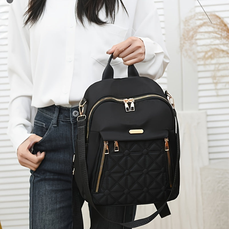 Elegant Quilted Design Backpack, Large Capacity Nylon Bag With Multi Zipper, For Daily Use, Travel, Outdoor