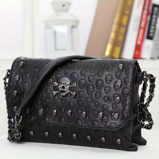 Gothic Ghost Head Metal Chain Crossbody Bag, PVC Textured Bag, Personality Fashion Shoulder Bag