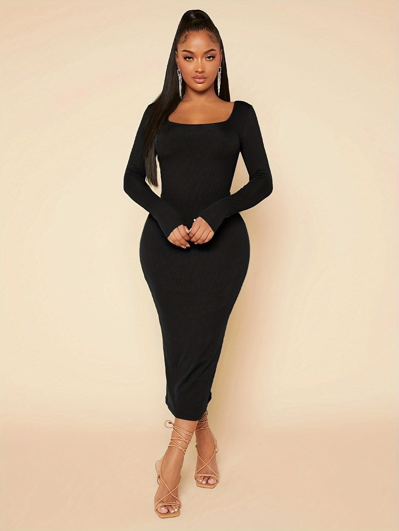 Solid Square Neck Dress, Elegant Long Sleeve Bodycon Dress, Women's Clothing