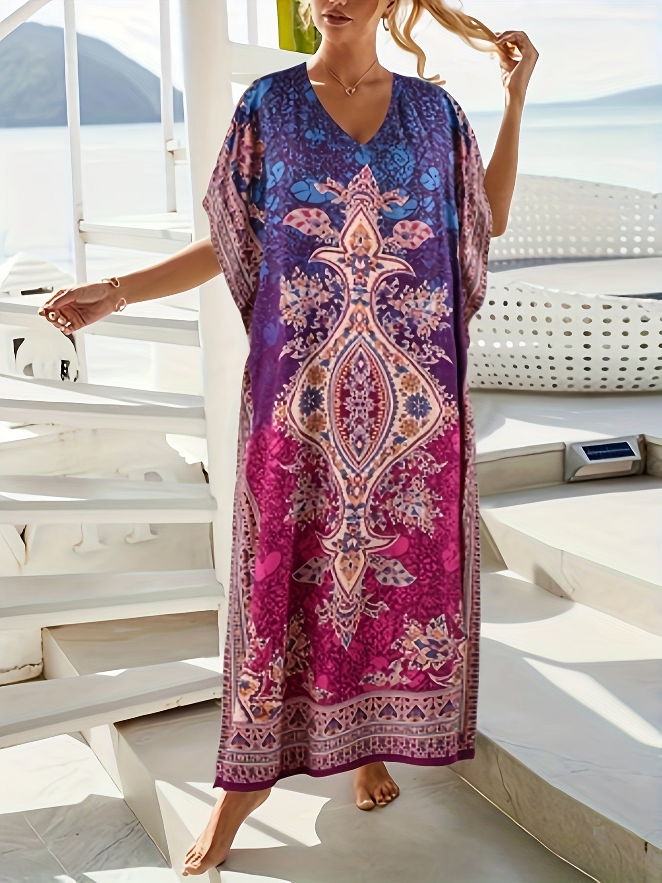 Ethnic Print V Neck Kaftan Dress, Elegant Batwing Sleeve Loose Fit Maxi Dress, Women's Clothing