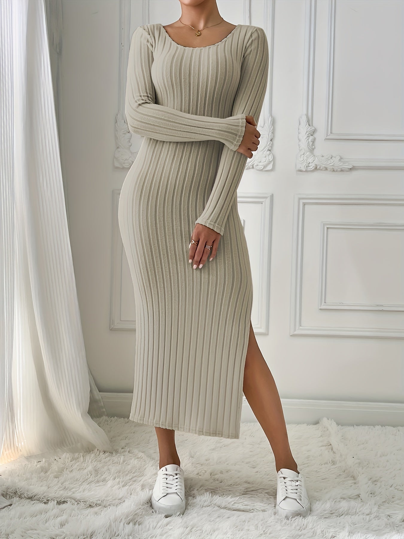 Solid Ribbed Split Dress, Elegant Crew Neck Long Sleeve Dress, Women's Clothing